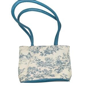 Bueno Retro Blue White Toile Print Small Dual Handle Shoulder Bag French Country
